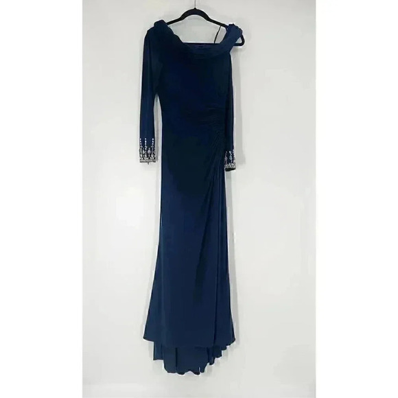 Mac Duggal Maxi Long Gown 4 Navy Beaded Off Shoulder Faux Wrap Wedding Gala - Picture 4 of 16